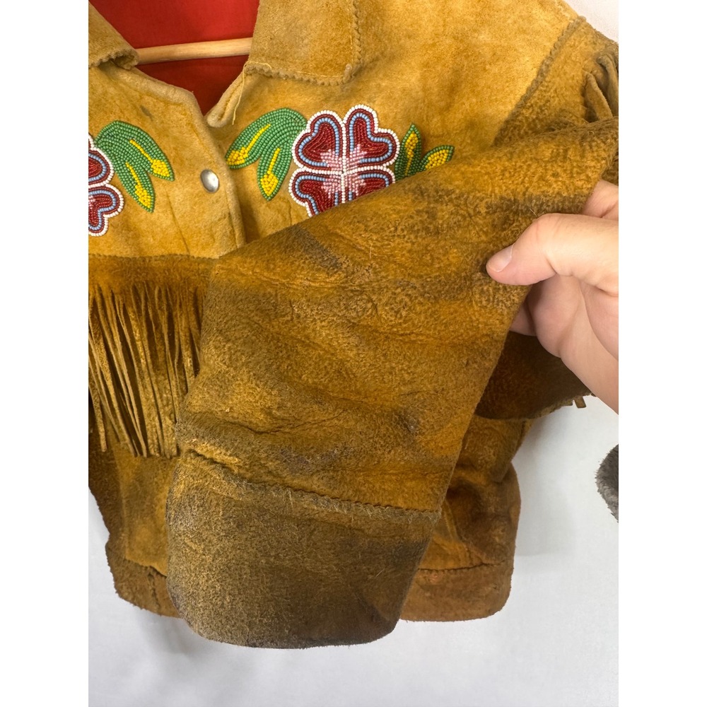 Vintage Buckskin Western Beaded Fringe Jacket Leather Floral Native Crop Women S - Picture 5 of 16